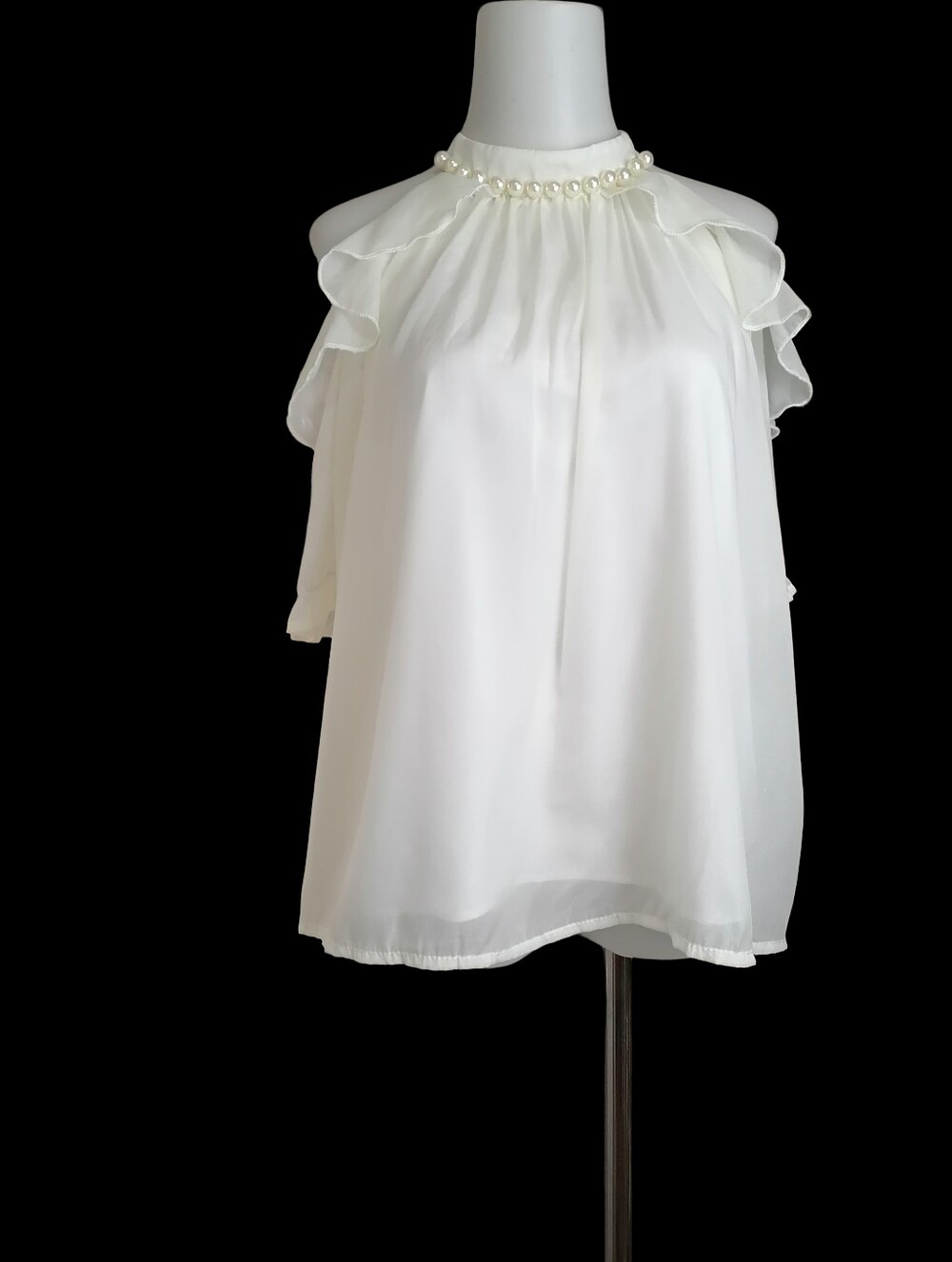 🐝🐝White Pearl-Trim Cold Shoulder Blouse - Women
